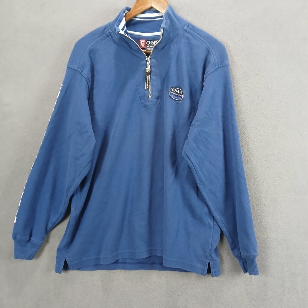 Chaps Ralph Lauren Jacket Mens Large Blue Cotton Side Slit Mock Neck 1/4 Zip